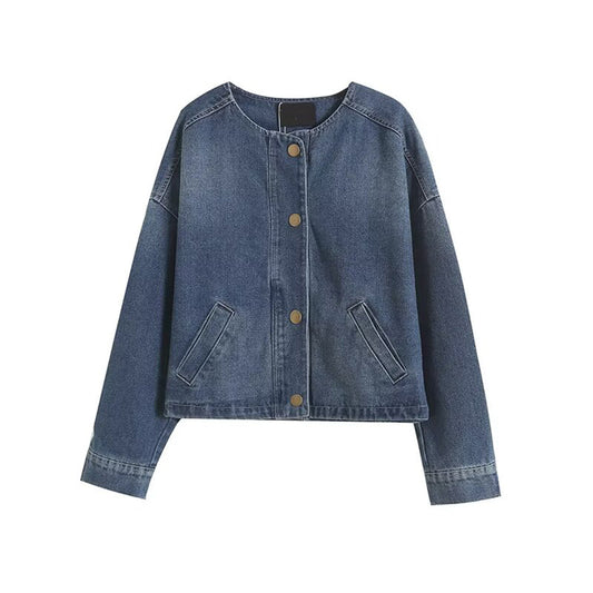 Women's casual short O Neck denim jacket Coat