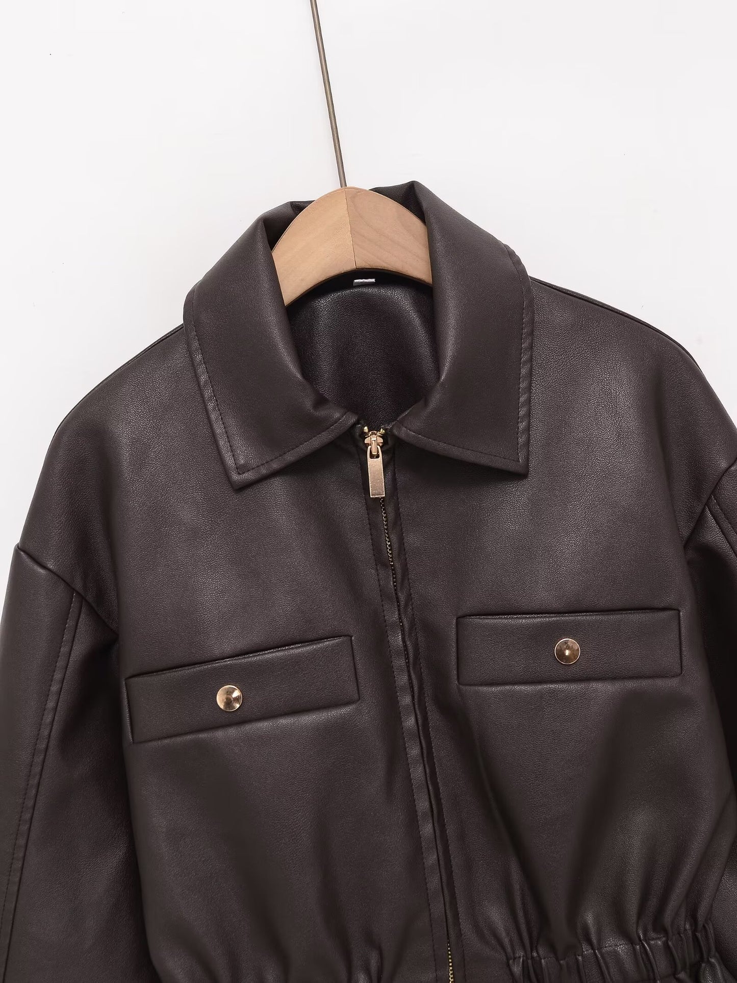 Women's elastic waist lapel Faux Leather jacket Coat