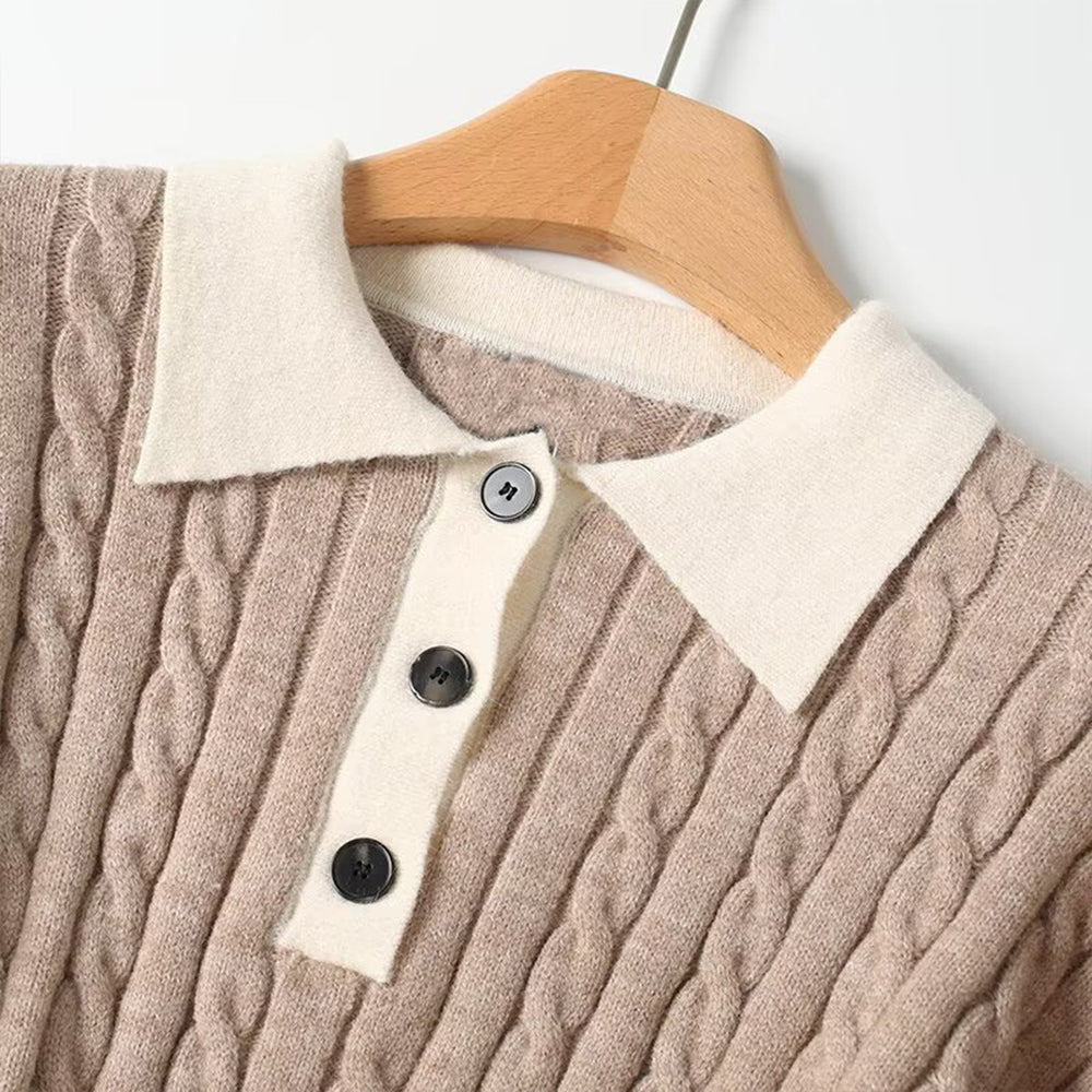 Women's new fashion polo collar striped long sleeved knitted sweater