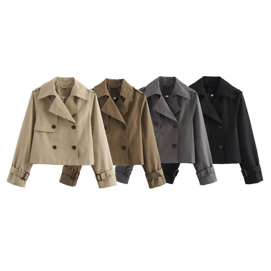 Women's New Fashion Short Double breasted Lapel Windbreaker Coat
