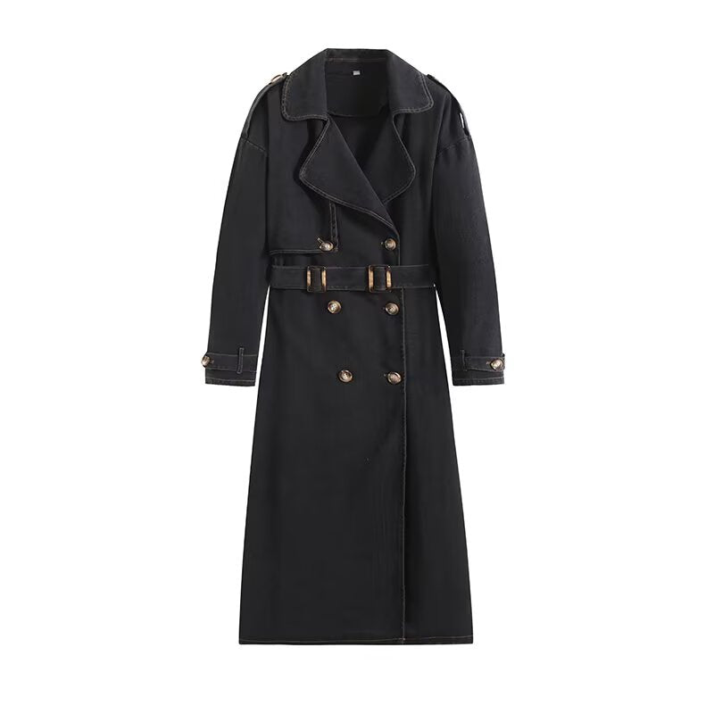 Women's new fashion with Belt long style double breasted denim Windbreaker coat