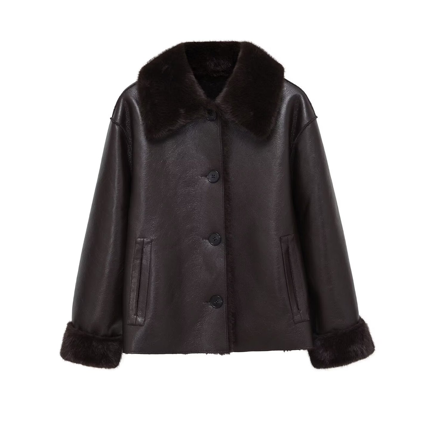 Women's faux fur effect double-sided Faux Leather jacket Coat