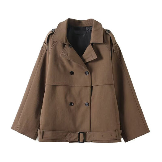 Women's New Fashion With Belt Short Double breasted lapel Coat