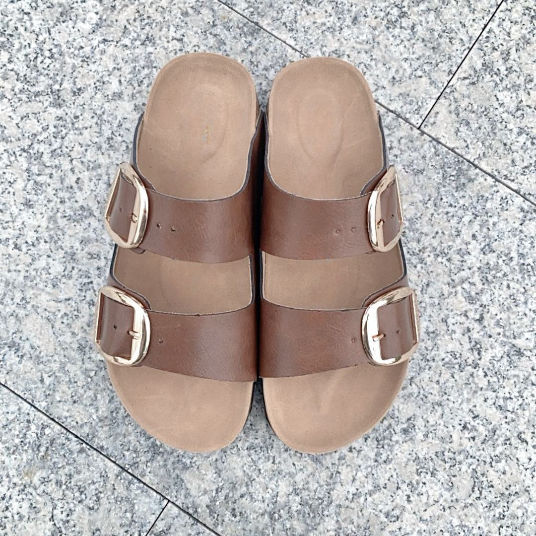 Women's New Fashion Joker Casual Double Buckle Design Thick Soled Slippers