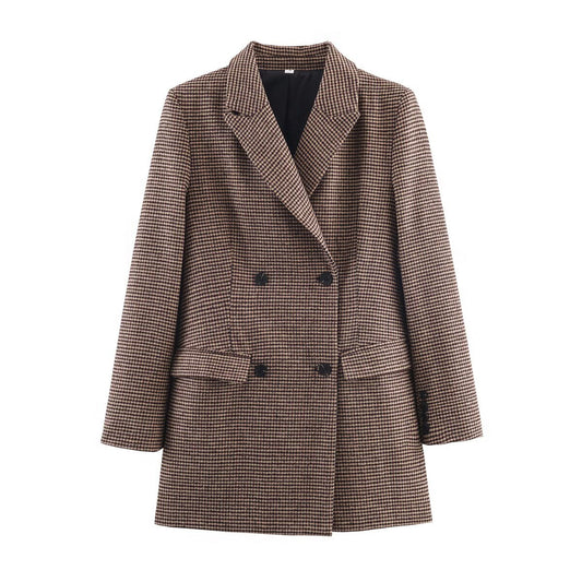 Women's mid length style double breasted Plaid Blazer Coat