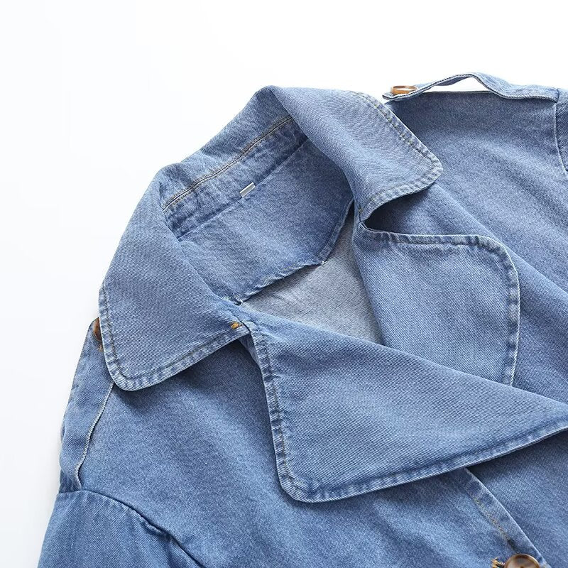 Women's new fashion with Belt long style double breasted denim Windbreaker coat