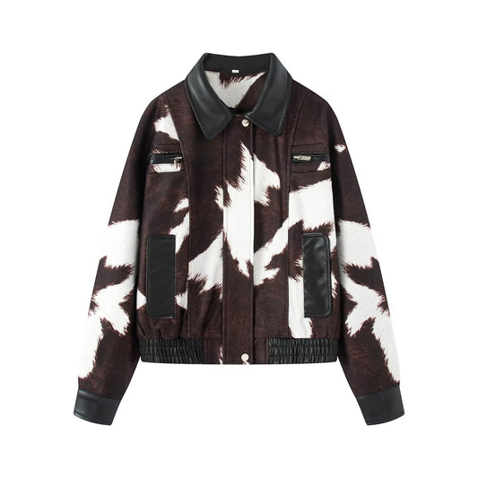 Women's new PU imitation leather splicing jacket Coat