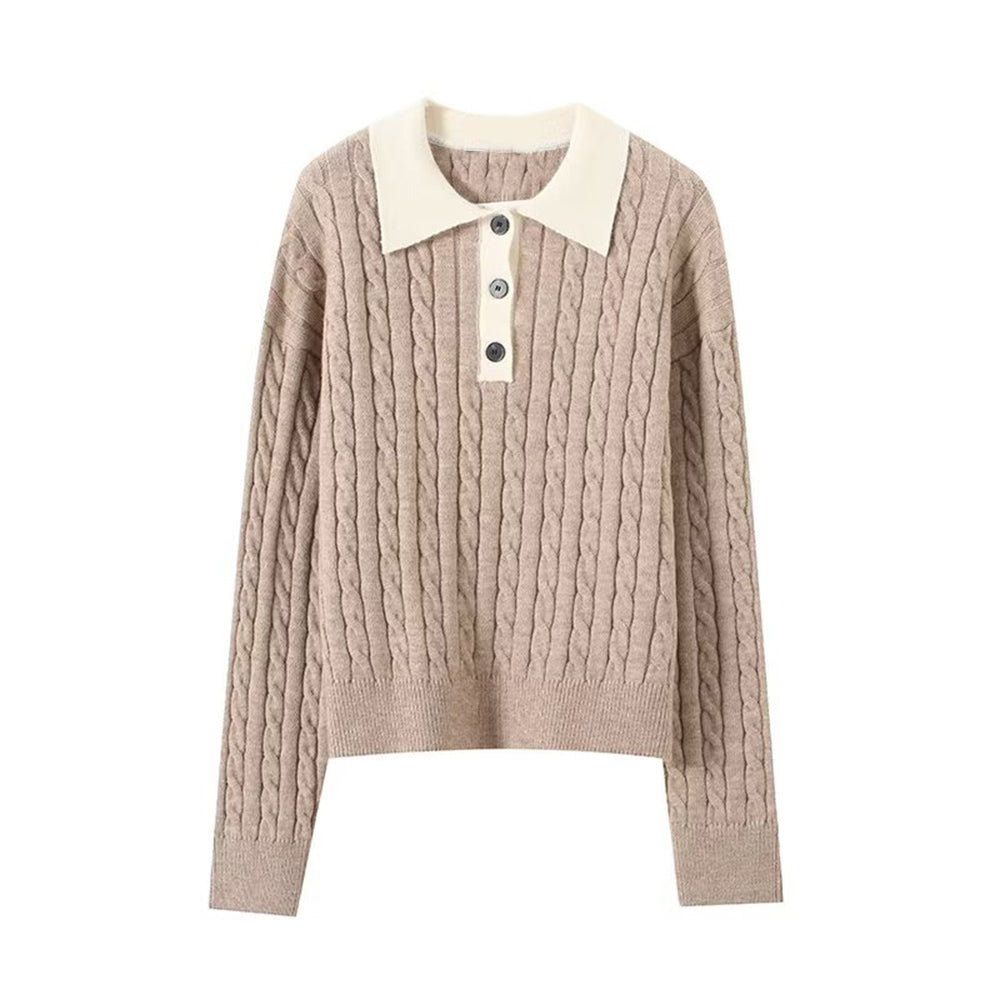 Women's new fashion polo collar striped long sleeved knitted sweater