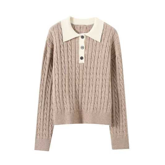 Women's new fashion polo collar striped long sleeved knitted sweater