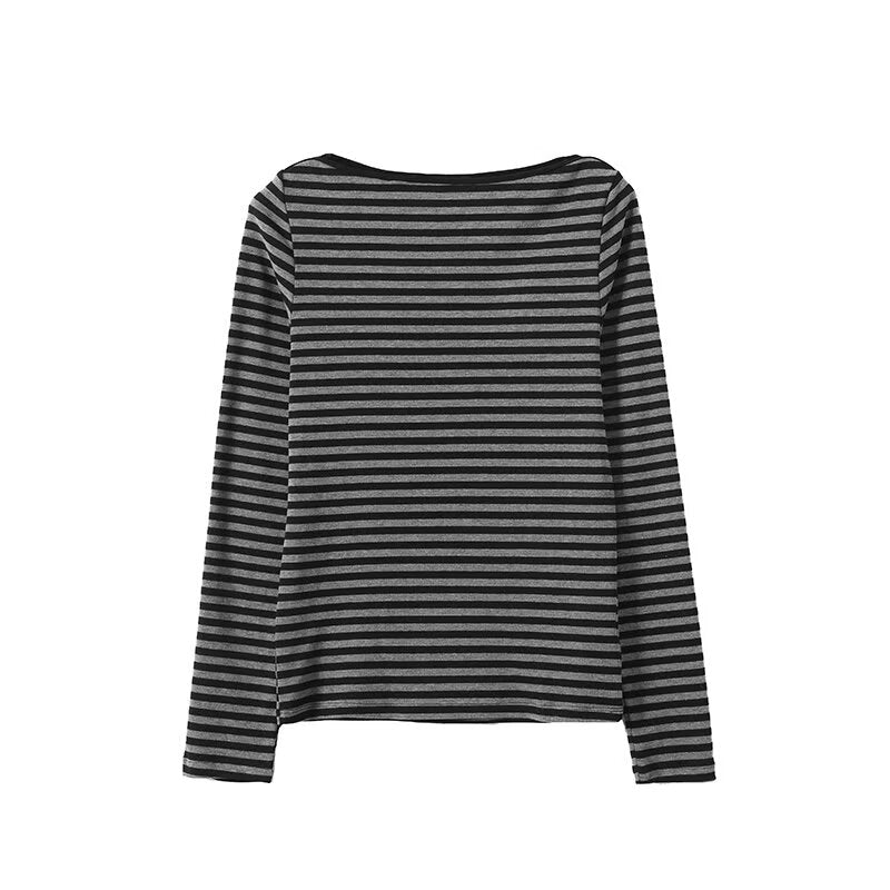 Women's New Fashion Interior style Long Sleeve Striped Flat Neck T-shirt
