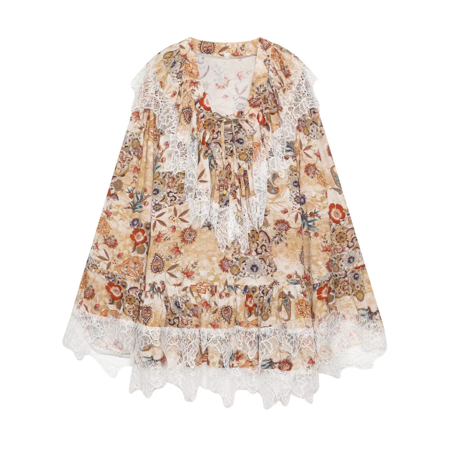 Women's lace decorative printed mini dress