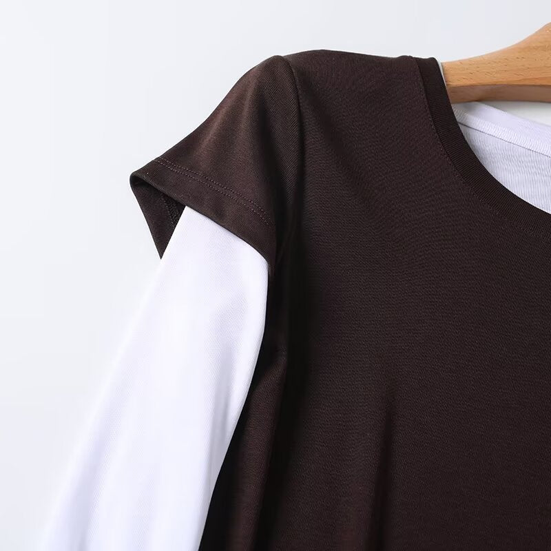 Women's new fashion splicing fake two-piece style long sleeved T-shirt