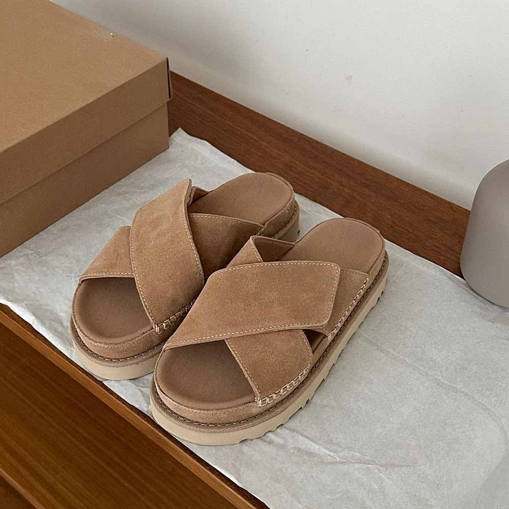 Women's New Fashion Joker Casual Hook and Loop Cross Design Platform Sandals Slippers