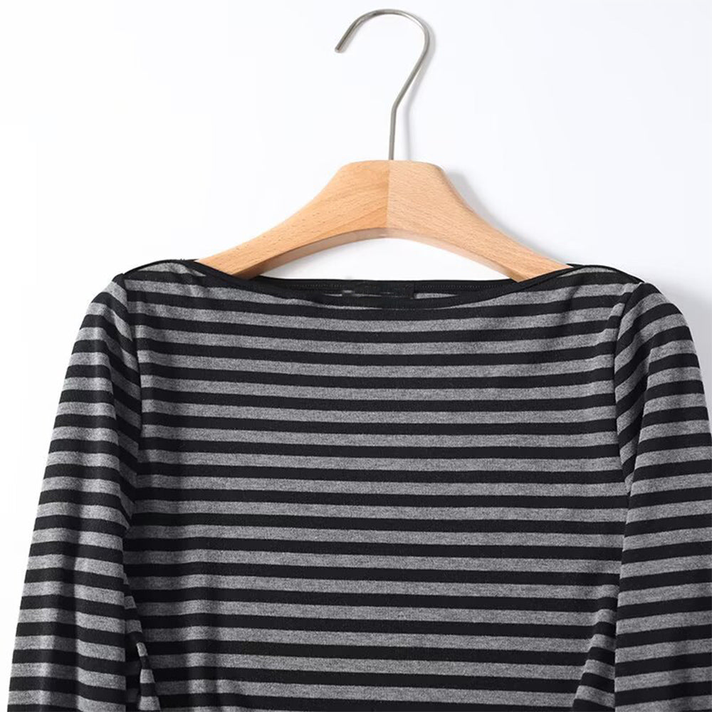 Women's New Fashion Interior style Long Sleeve Striped Flat Neck T-shirt