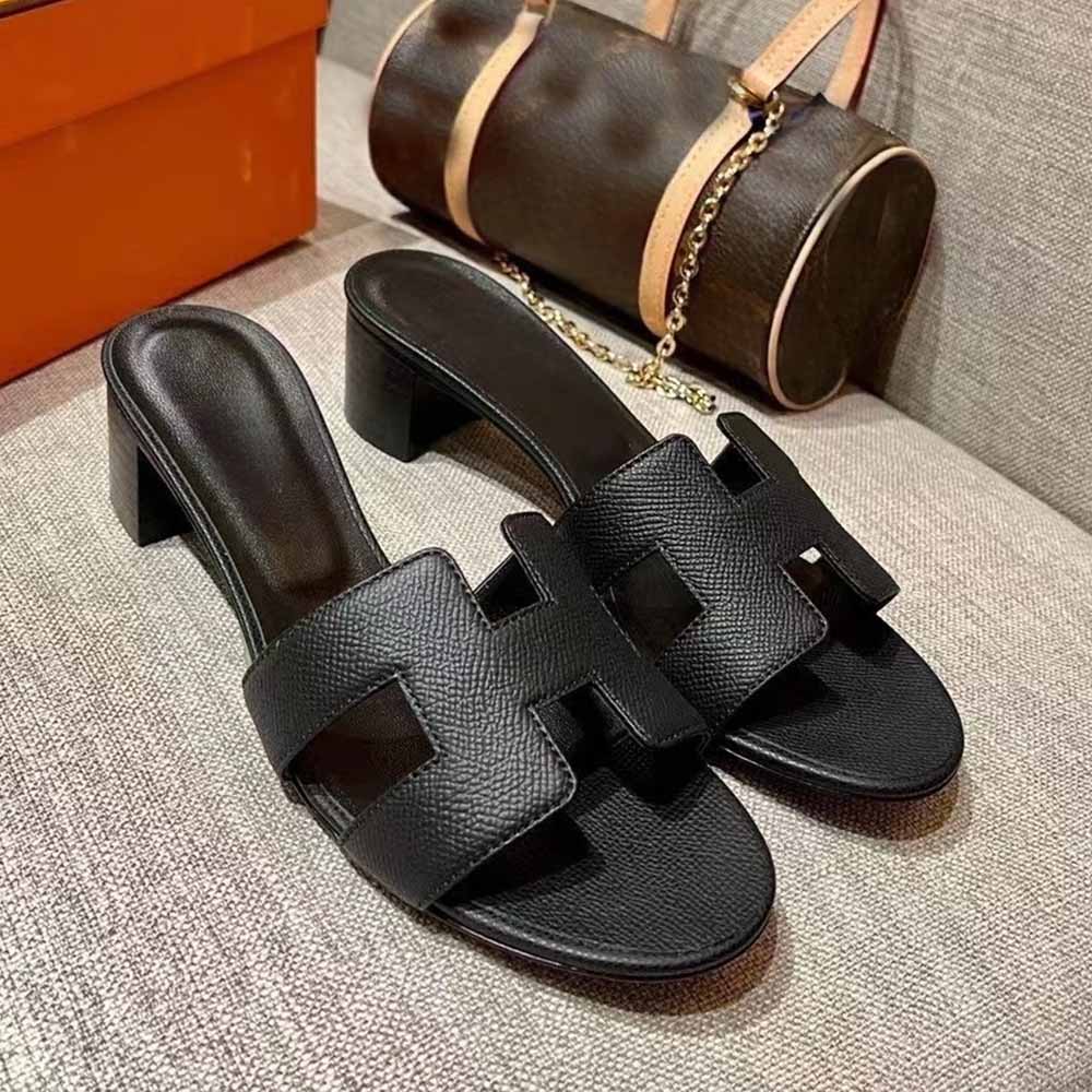 Women's New Fashion Joker Handmade Sewing Leather 5CM Heel High Thick Slippers Dry Heel Shoes