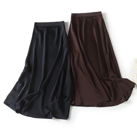 Women's new fashion slim draped satin ribbed waist midi skirt