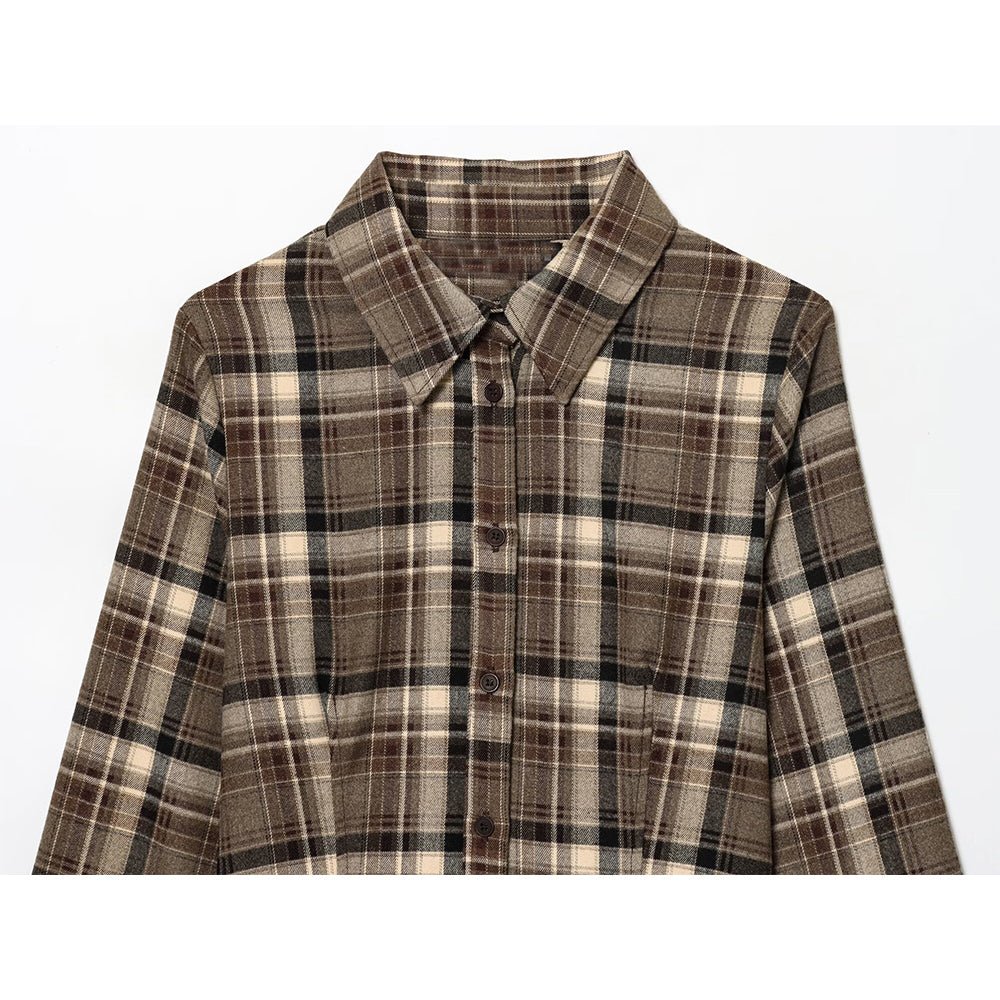 Women's new fashion slim single breasted plaid shirt