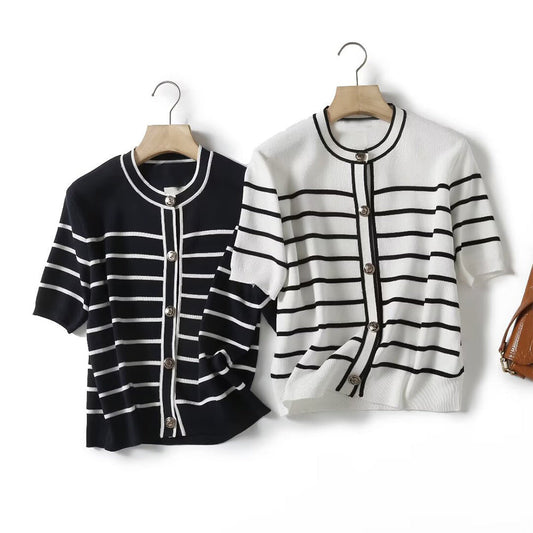 Women's autumn fashion button design short sleeved striped cardigan