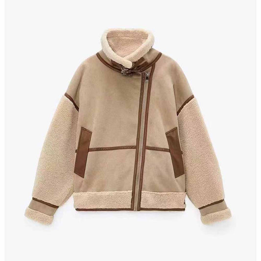 Women's new fashion  Fur Faux Leather jacket coat retro long sleeved zipper women's coat