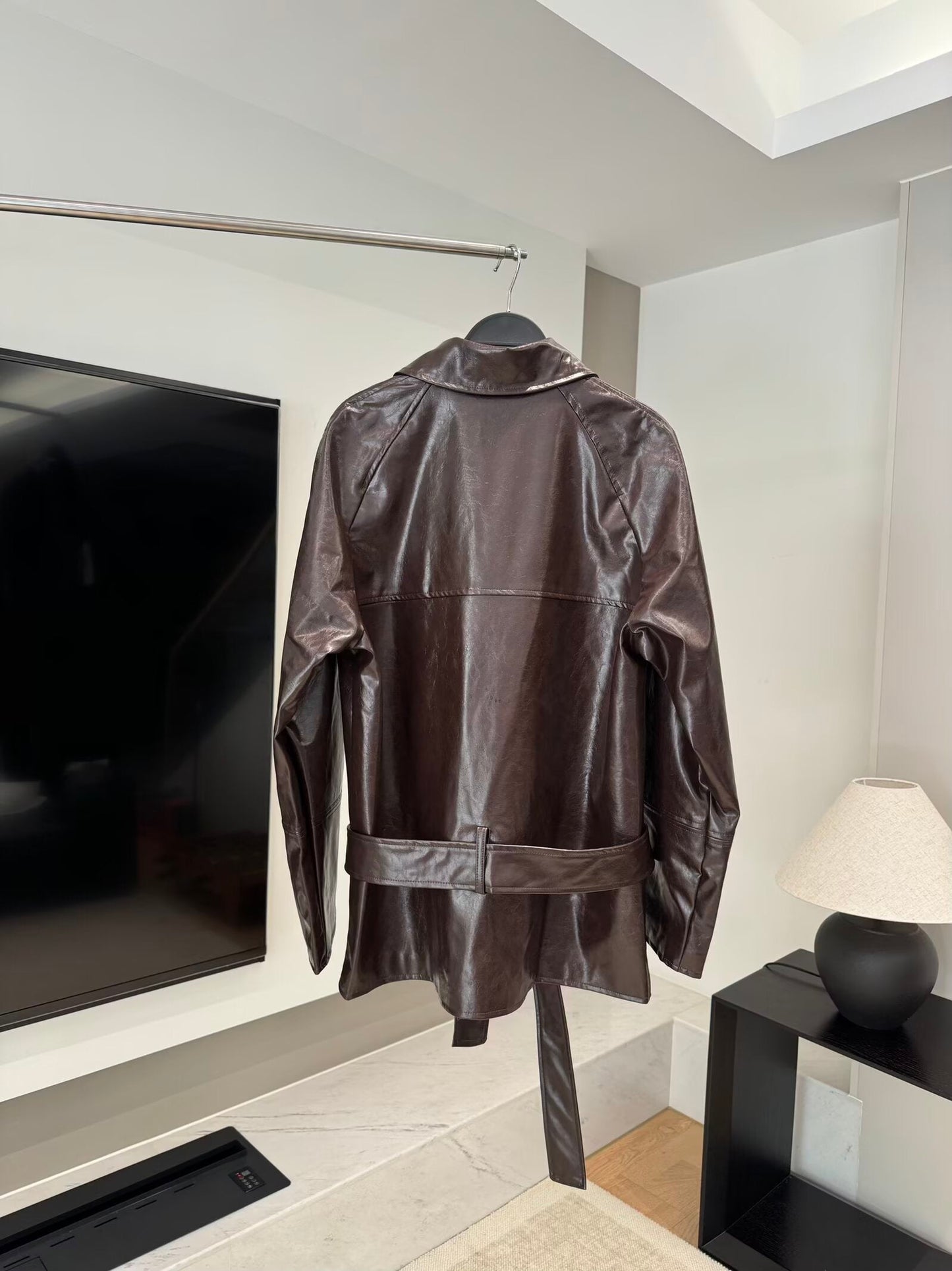 Women's new fashion with Belt short faux leather windbreaker Coat