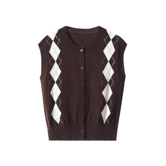 Women's new fashion diamond grid retro knitted vest