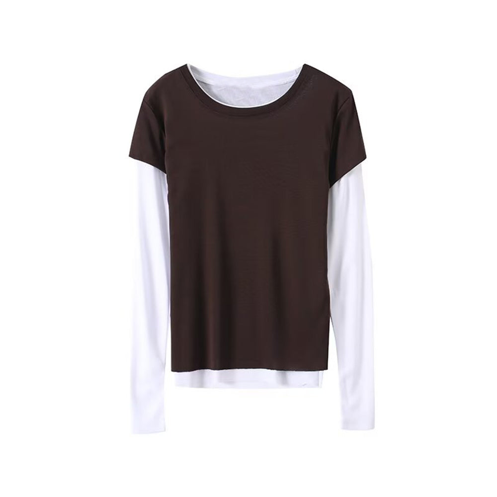 Women's new fashion splicing fake two-piece style long sleeved T-shirt