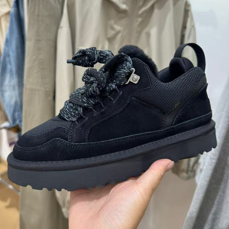 Women's lace-up thick soled padded cotton shoes with velvet for winter warmth