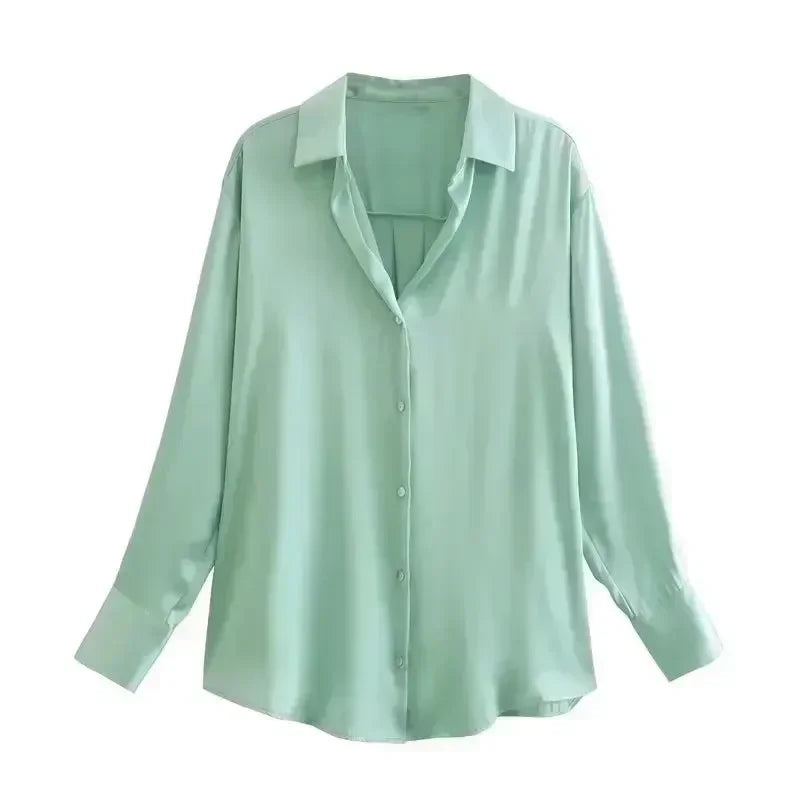 Women 2026 New Fashion Flowy Satin Loose Shirts Blouses Vintage Long Sleeve Button-up Female Shirts Chic Tops