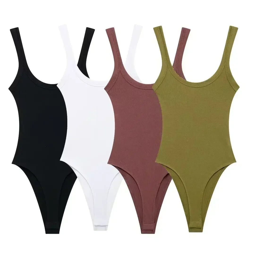 Women's 2026 New Fashion Multi Color Elastic Tight Backless Ribbed jumpsuit Retro Wide Straps Women's Short jumpsuit Mujer