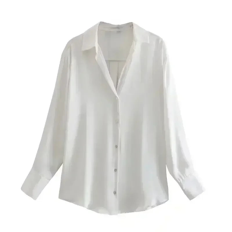 Women 2026 New Fashion Flowy Satin Loose Shirts Blouses Vintage Long Sleeve Button-up Female Shirts Chic Tops