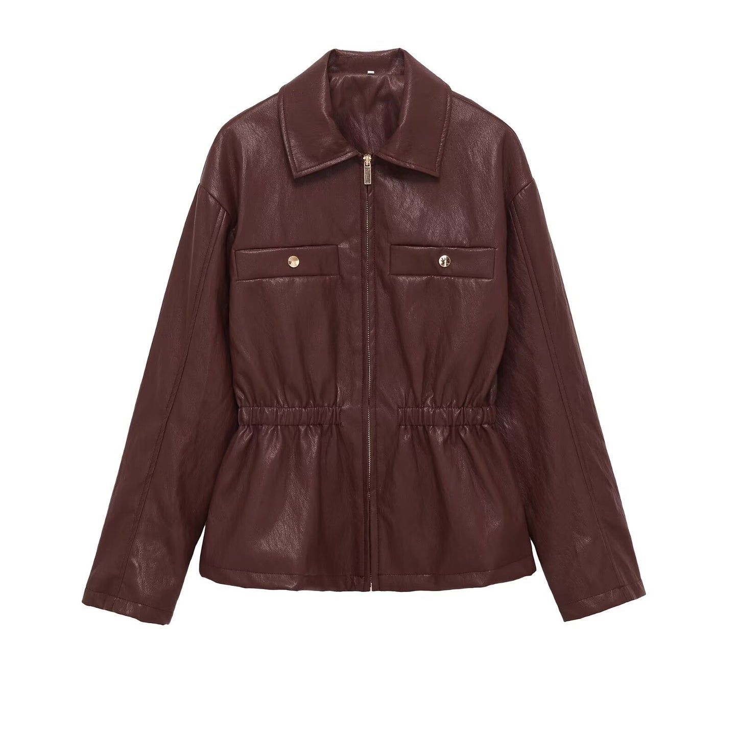 Women's elastic waist lapel Faux Leather jacket Coat