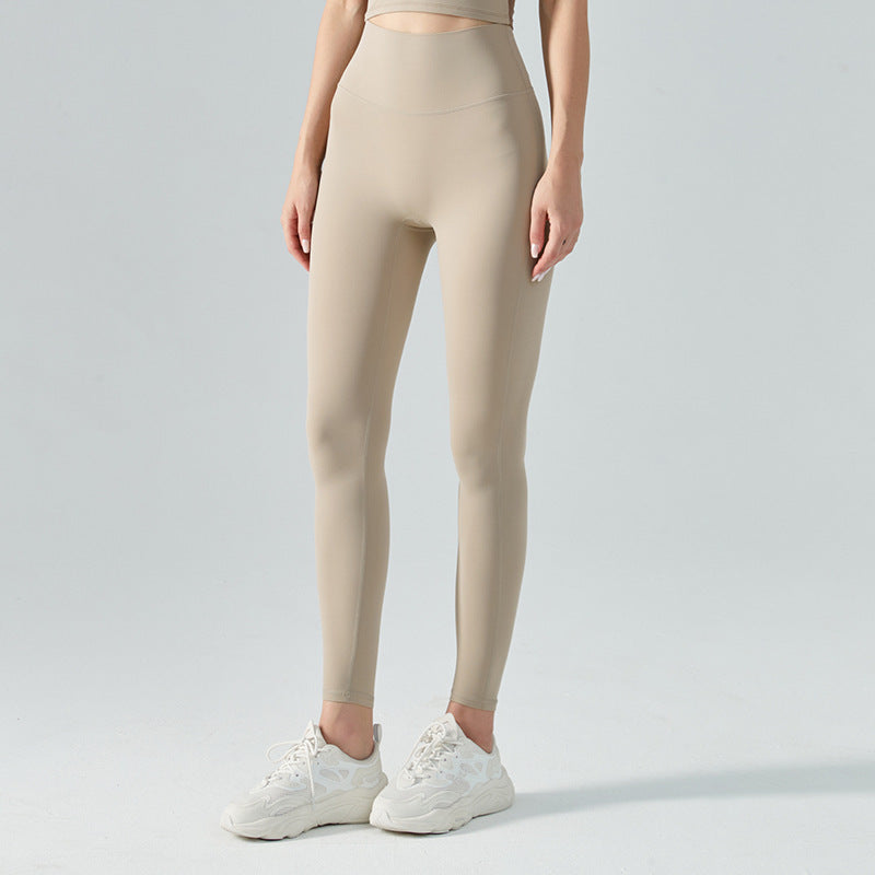 Women's New Fashion Joker Nude High Waist Belly Yoga Pants Double Sanding Peach Hip Running Tight Fitness Pants.