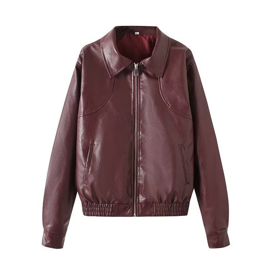 Women's new fashion loose Lapel zipper Faux Leather jacket Coat