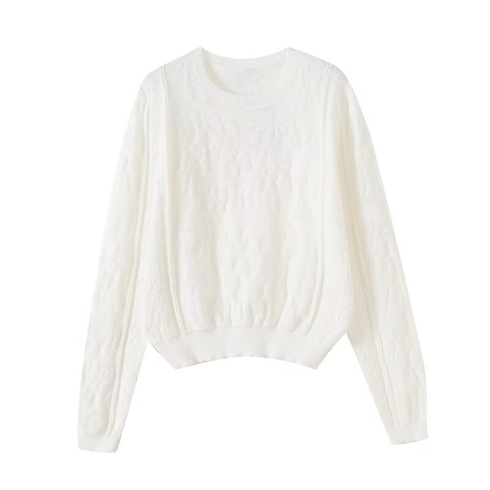 Women's new fashion hollow lace O-Neck long sleeved knitted top