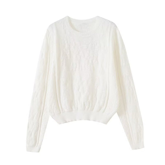 Women's new fashion hollow lace O-Neck long sleeved knitted top