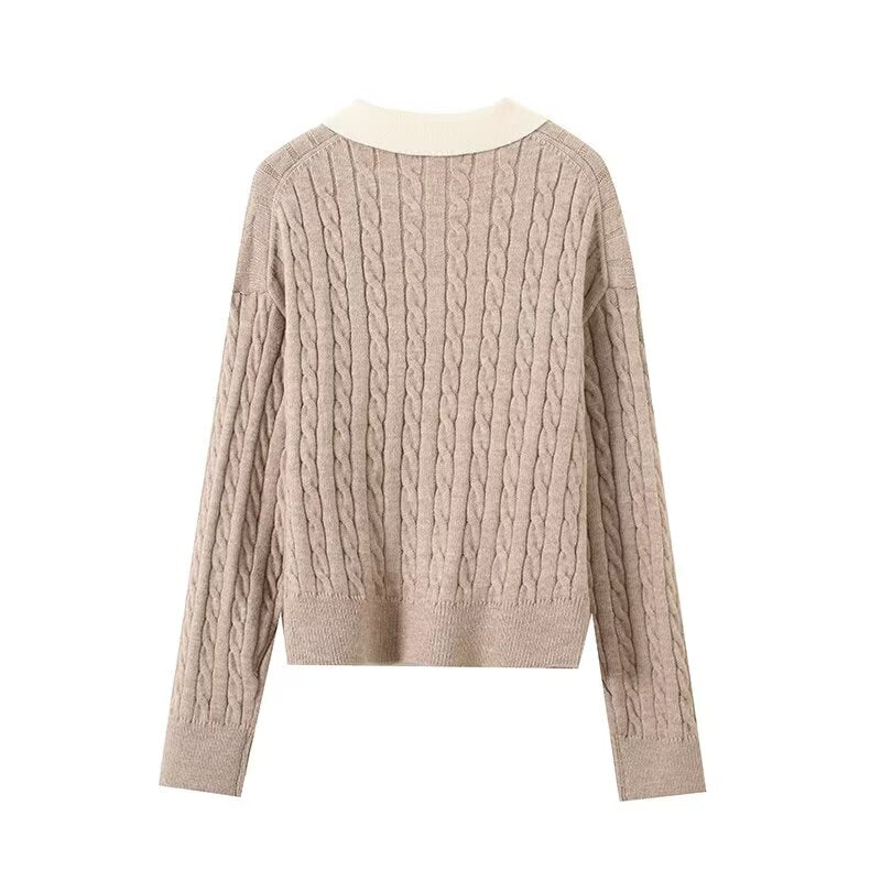 Women's new fashion polo collar striped long sleeved knitted sweater