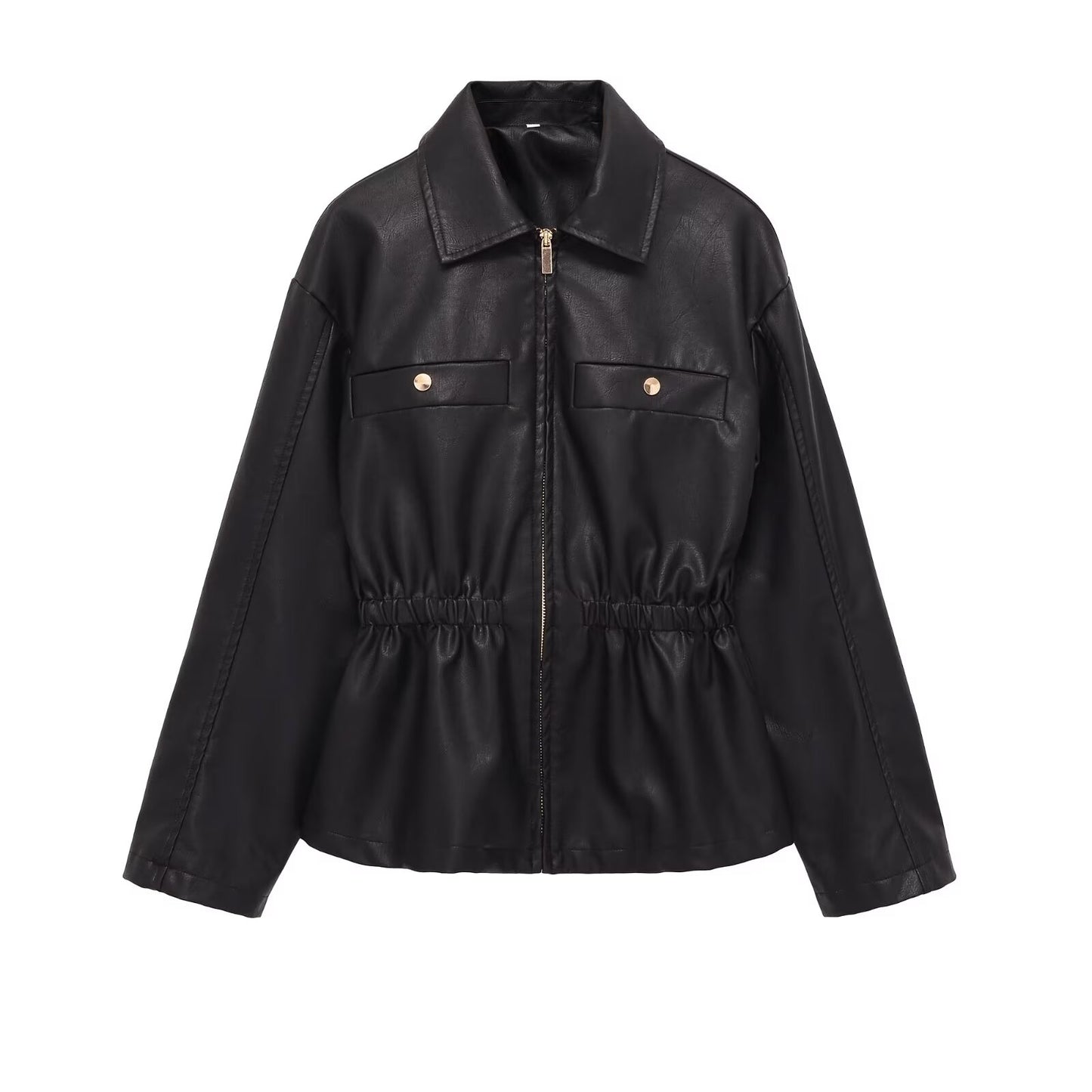 Women's elastic waist lapel Faux Leather jacket Coat