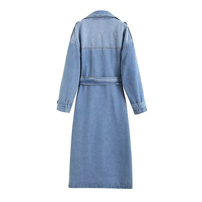 Women's new fashion with Belt long style double breasted denim Windbreaker coat