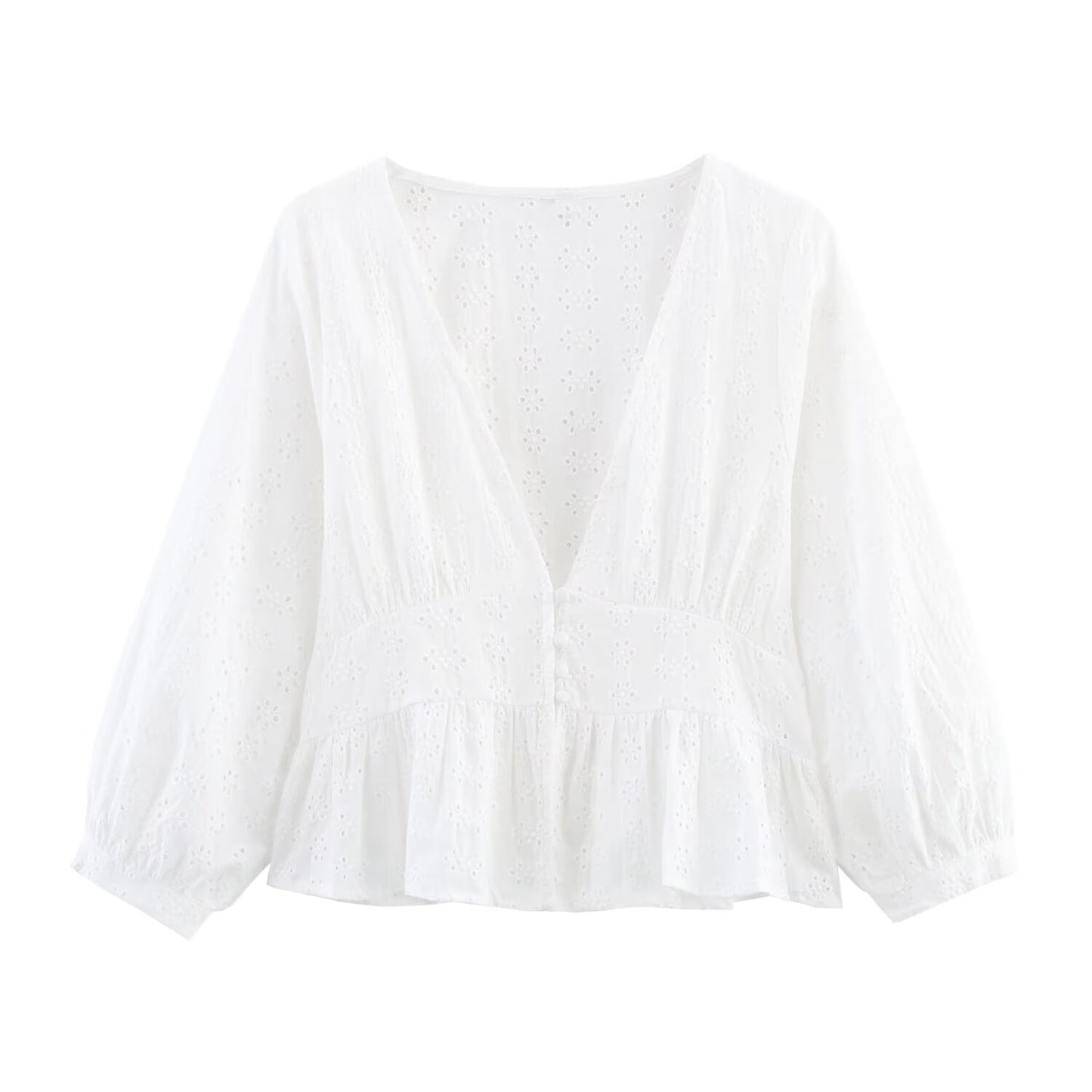 Women's hollowed out embroidered V-neck shirt