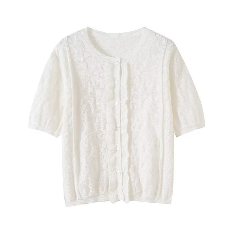 Women's new fashion lace round neck short sleeved knitted cardigan