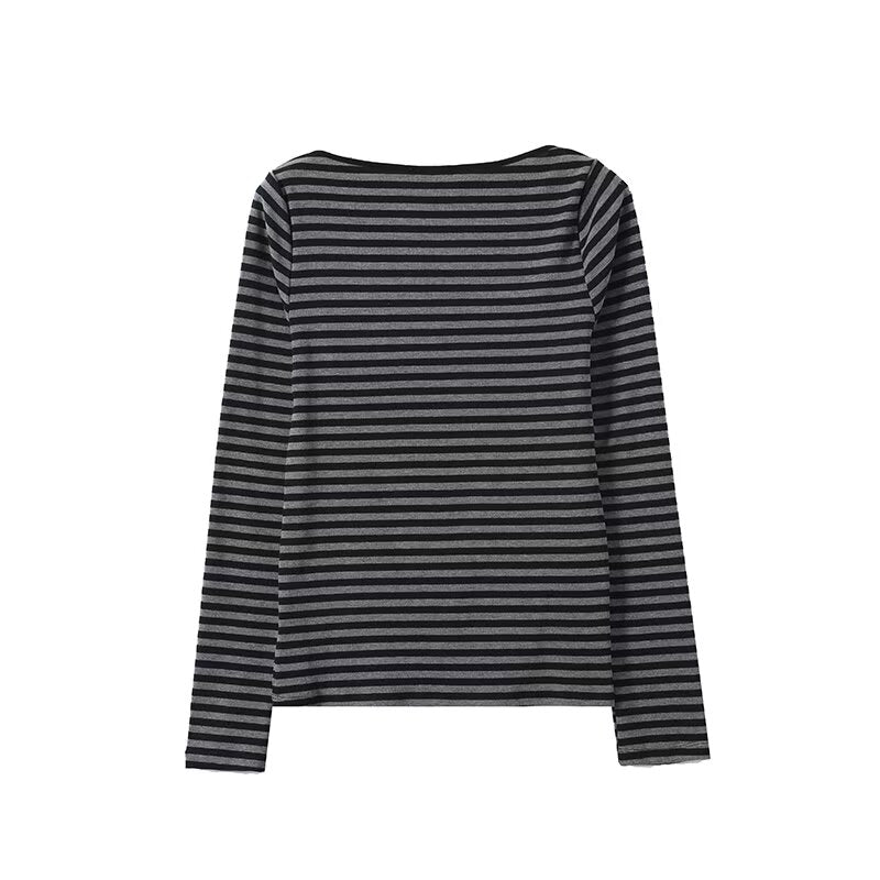 Women's New Fashion Interior style Long Sleeve Striped Flat Neck T-shirt