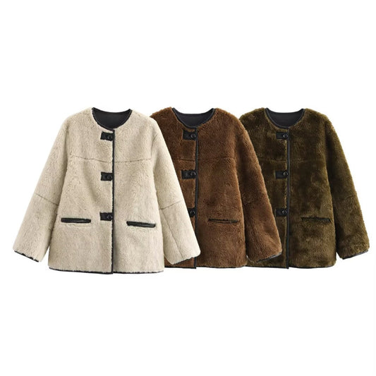 Women's thick warm O Neck Fur Faux Leather Coat