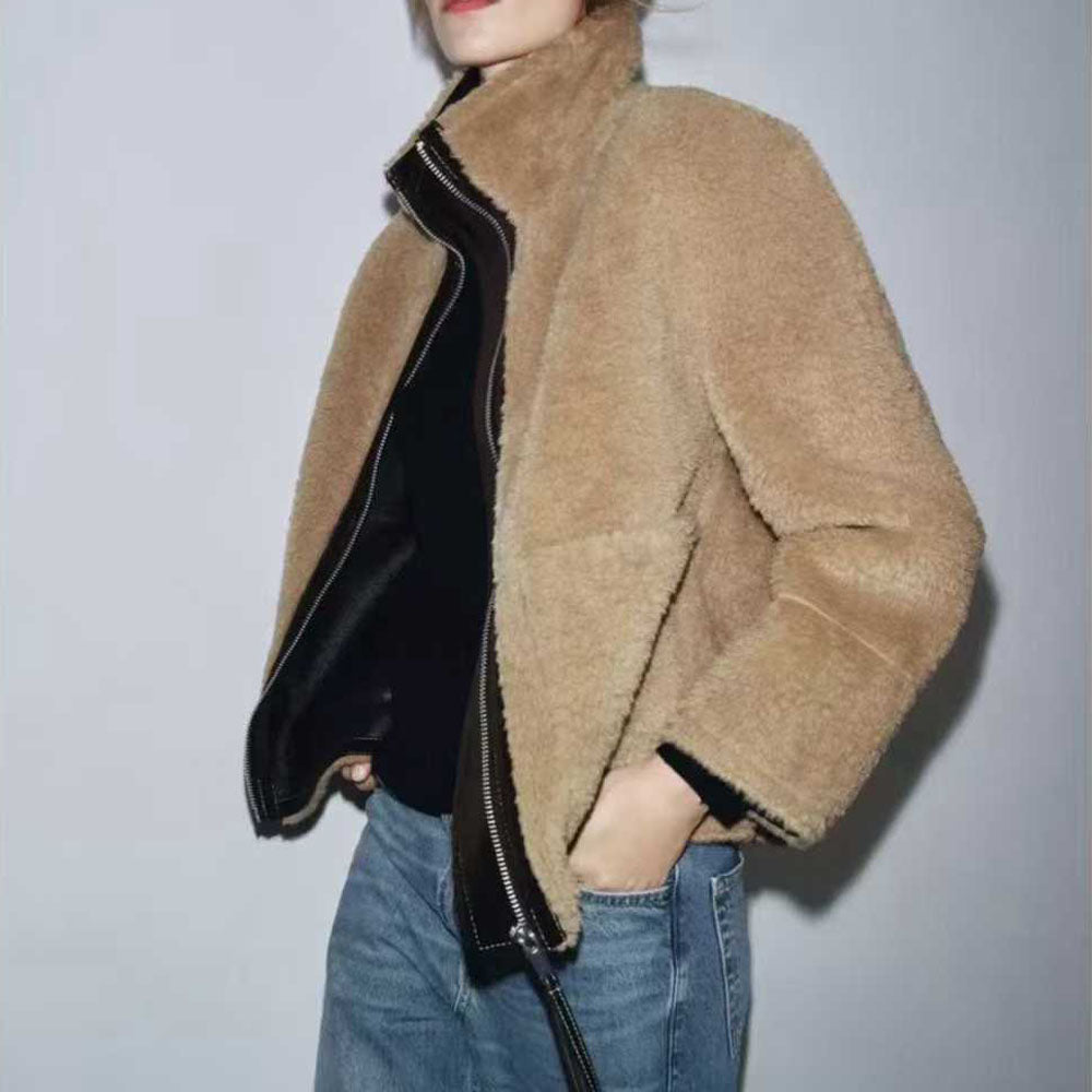 Women's new autumn and winter double velvet zipper coat
